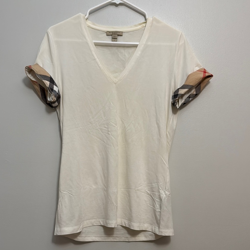 Burberry White and Tan Fitted Cuffed Sleeve T-Shirt